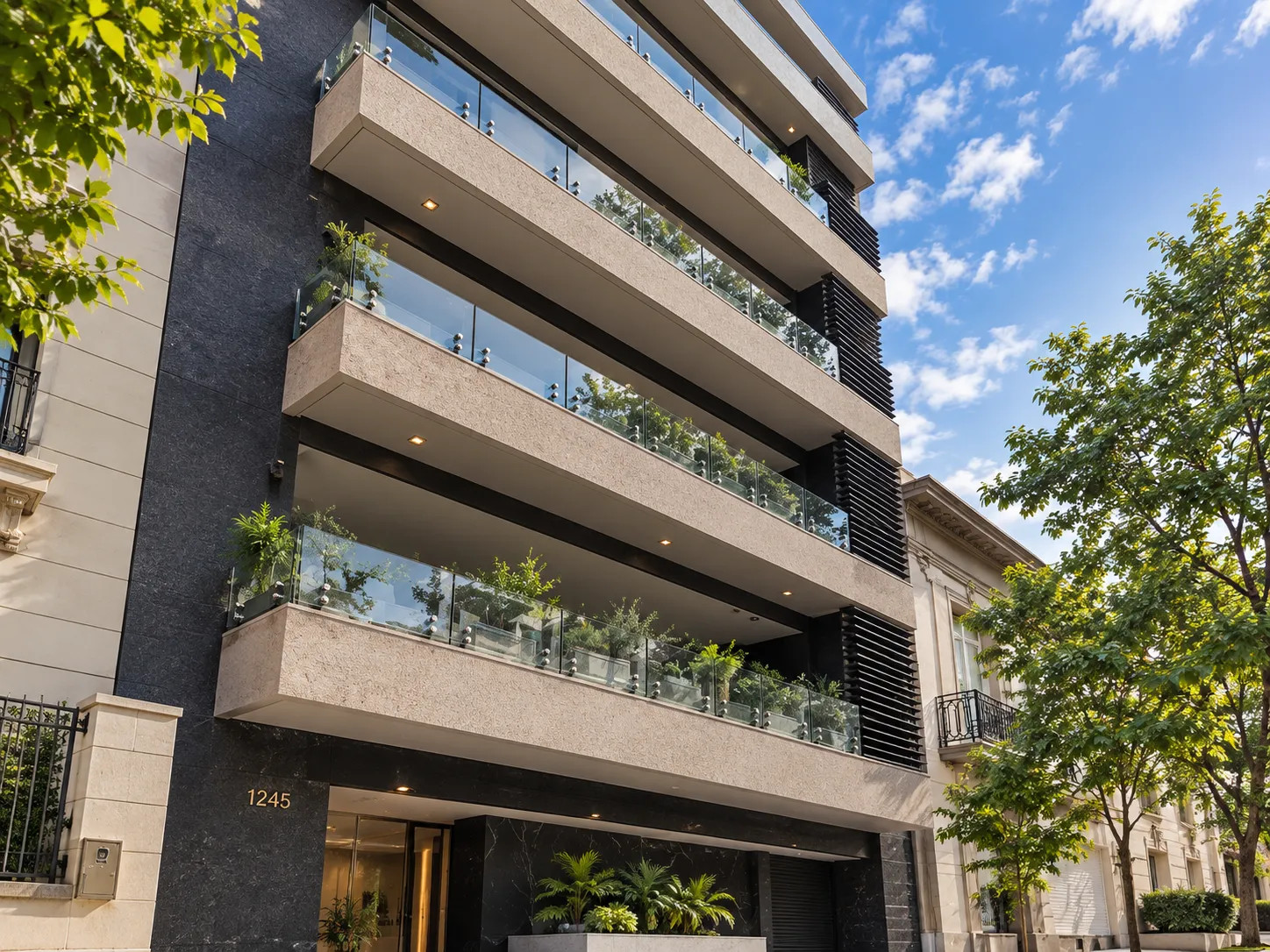Fachada residencial moderna con balcones de vidrio