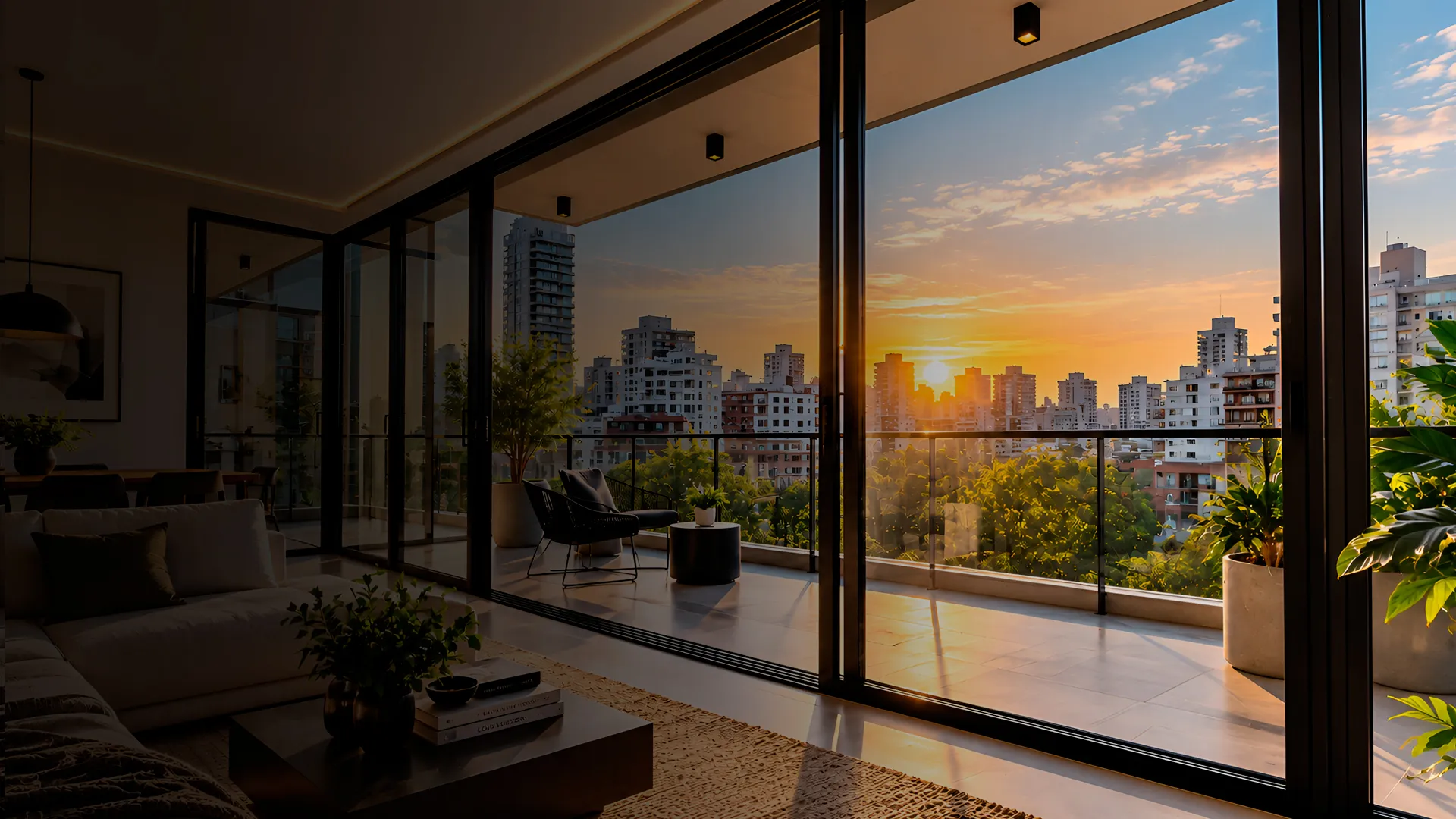 Interior contemporáneo abierto hacia la ciudad al atardecer