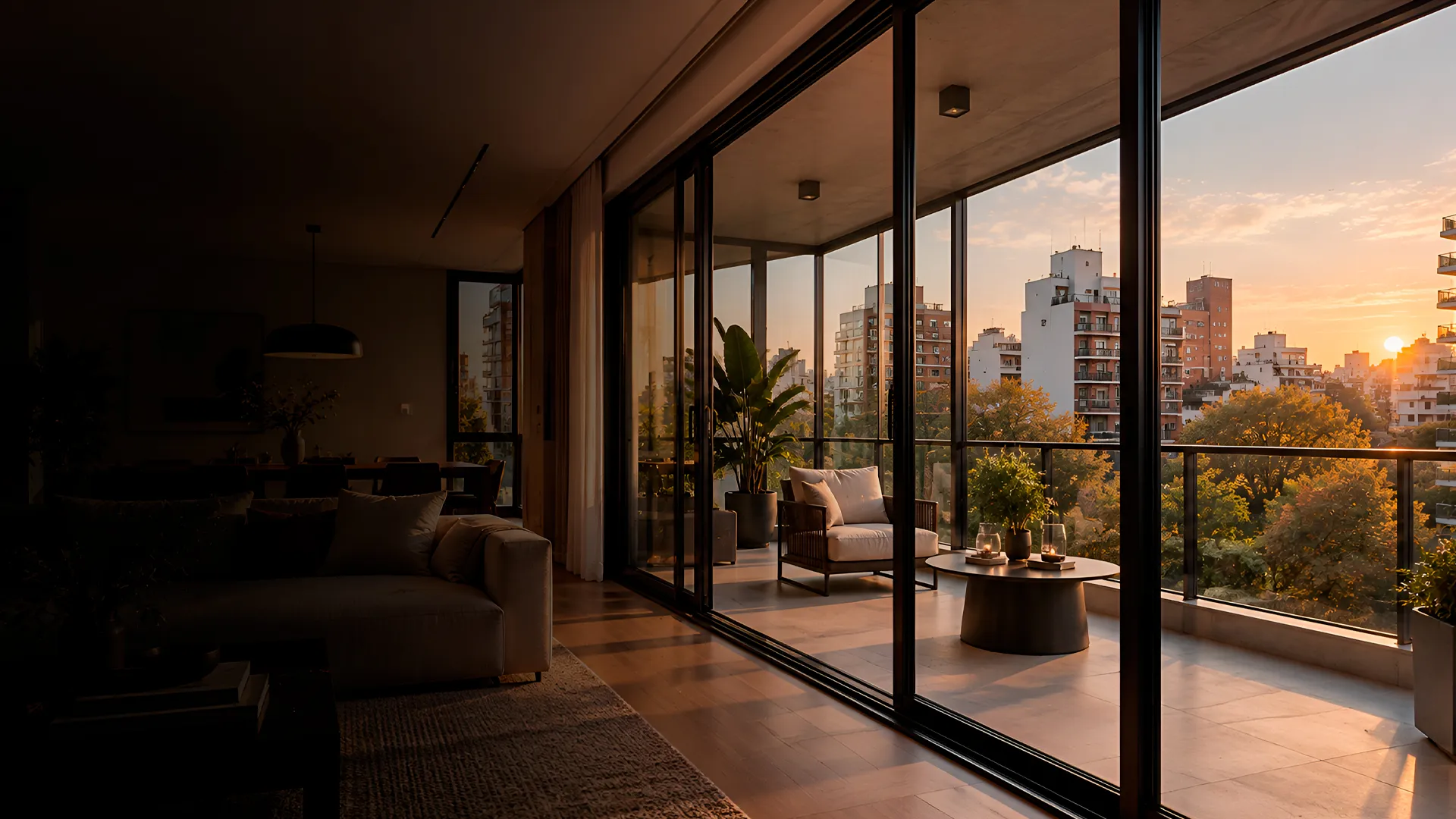 Living contemporáneo conectado a un balcón mediante amplios cerramientos de aluminio